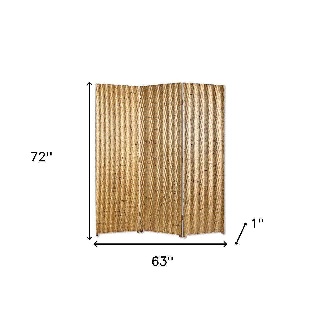 72" Gold Wood Folding Three Panel Screen Room Divider