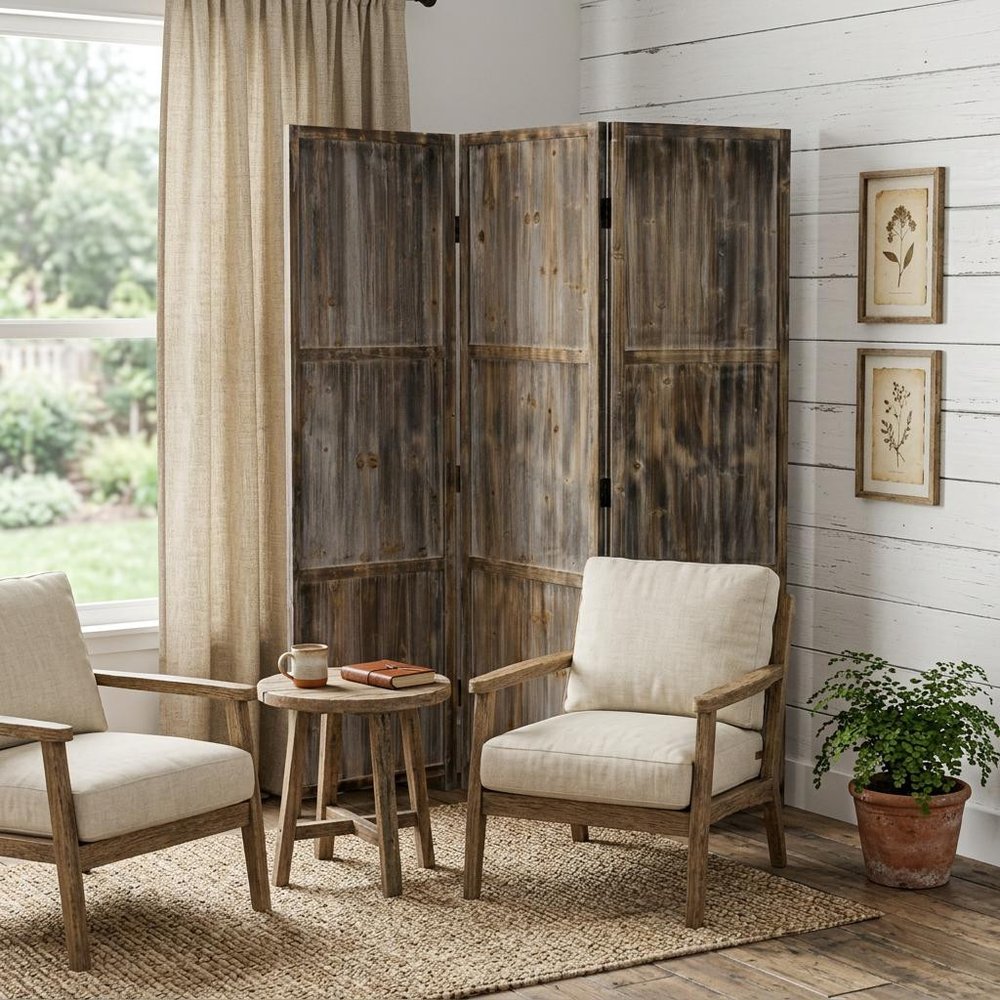 72" Brown Solid Wood Panel Screen Room Divider