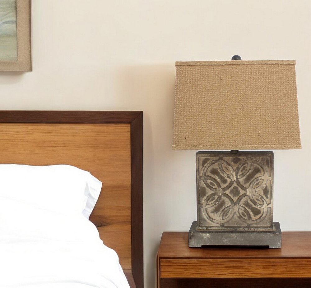 25" Distressed Brown Metal Bedside Lamp With Khaki Shade