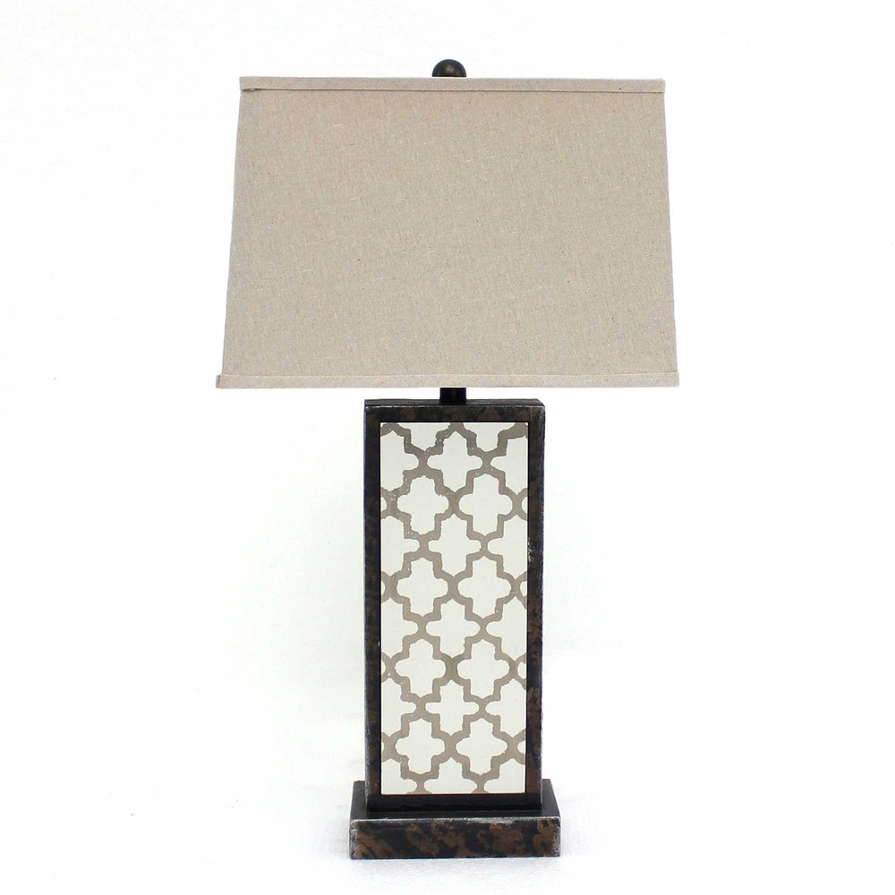 30" Distressed Bronze Metal Bedside Lamp With Beige Shade