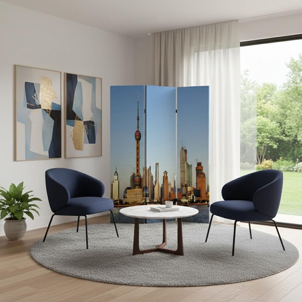 72" Blue Reversible China Cityscape Canvas Folding Three Panel Screen Room Divider