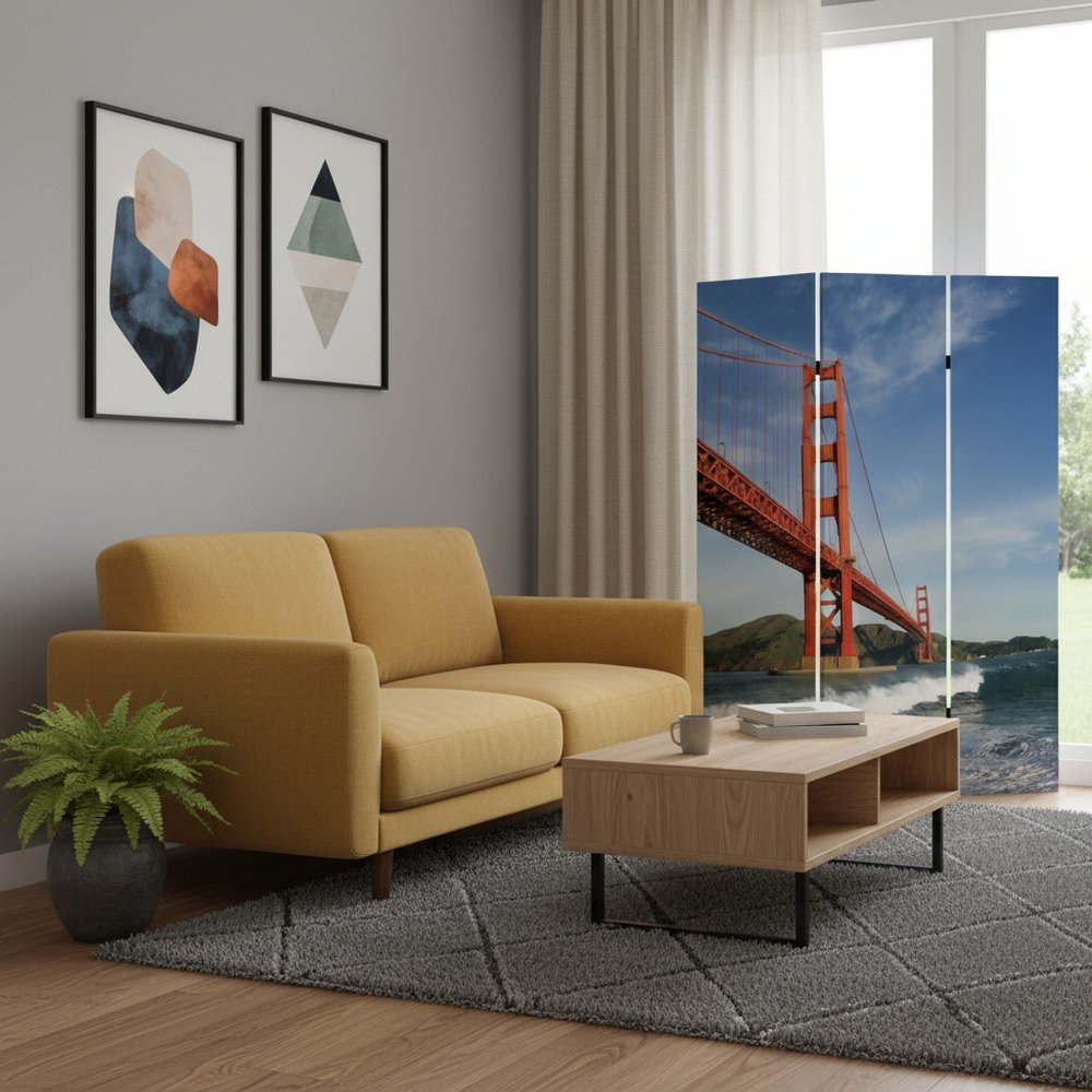 48" X 72" Multi Color Wood Canvas San Francisco Screen