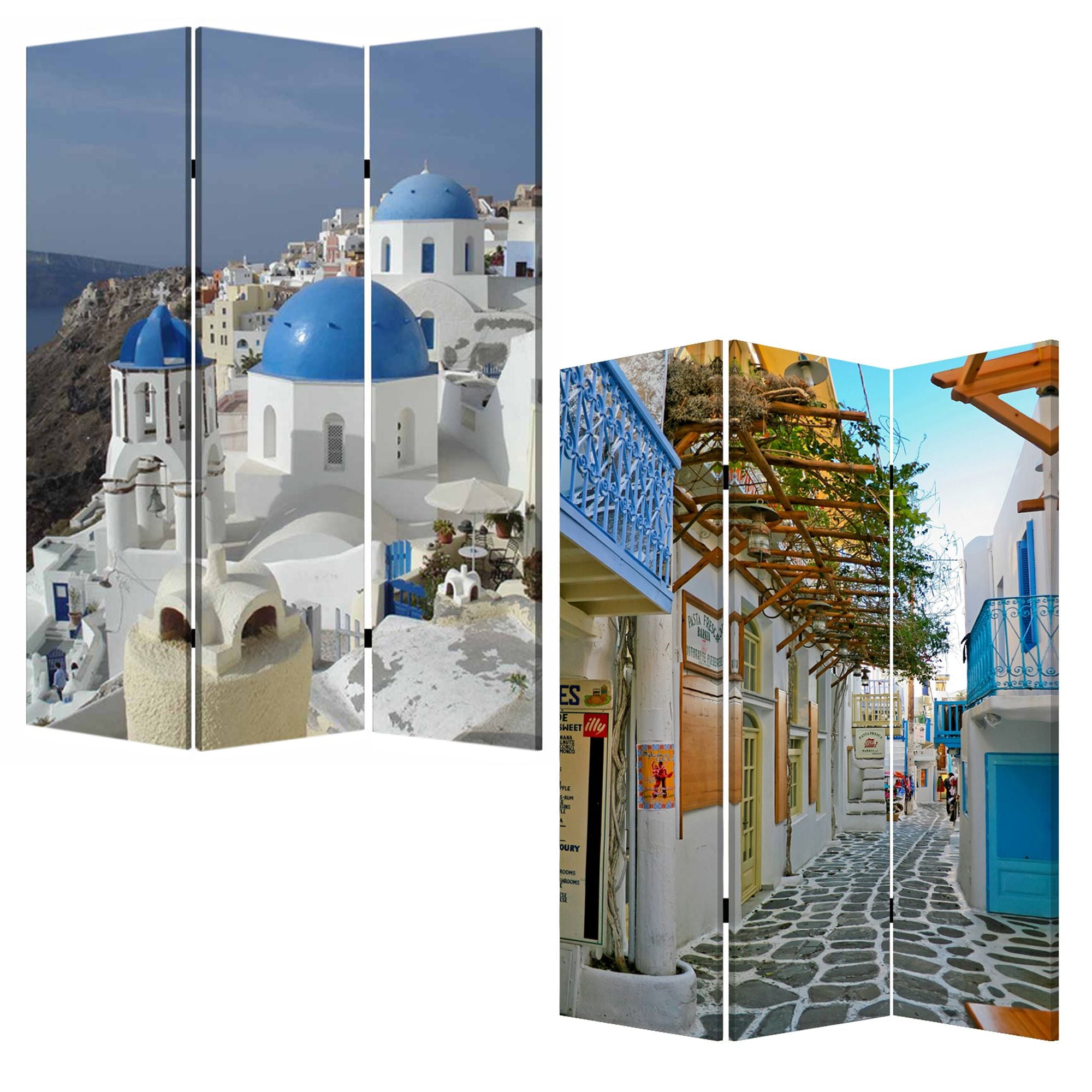 72" Blue And White Canvas Folding Three Panel Screen Room Divider