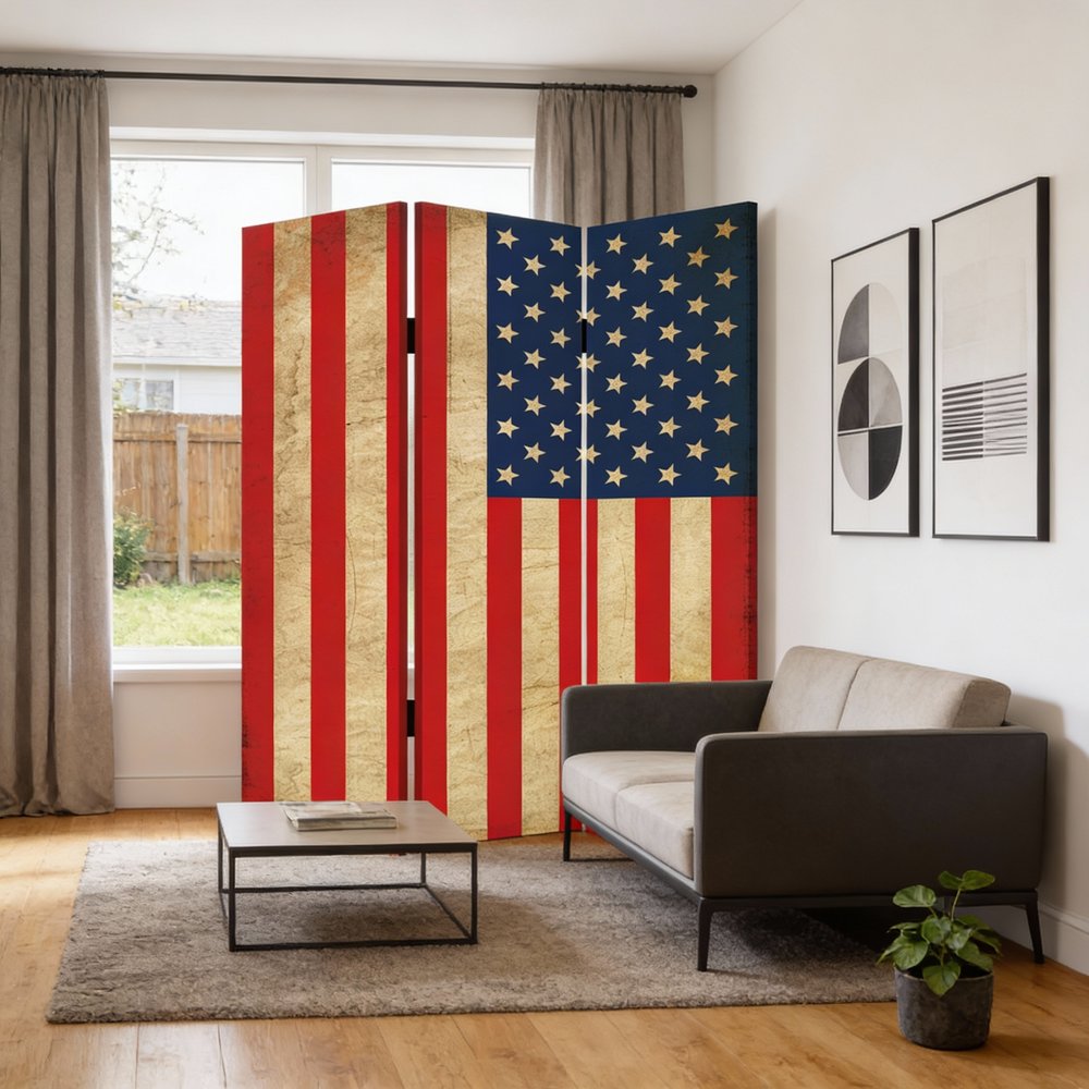 72" Red White And Blue American Flag Reversible Canvas Folding Three Panel Room Divider