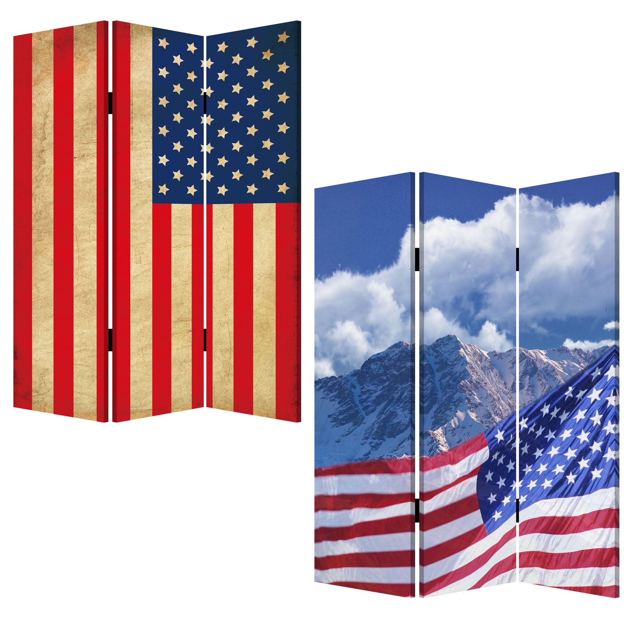 72" Red White And Blue American Flag Reversible Canvas Folding Three Panel Room Divider