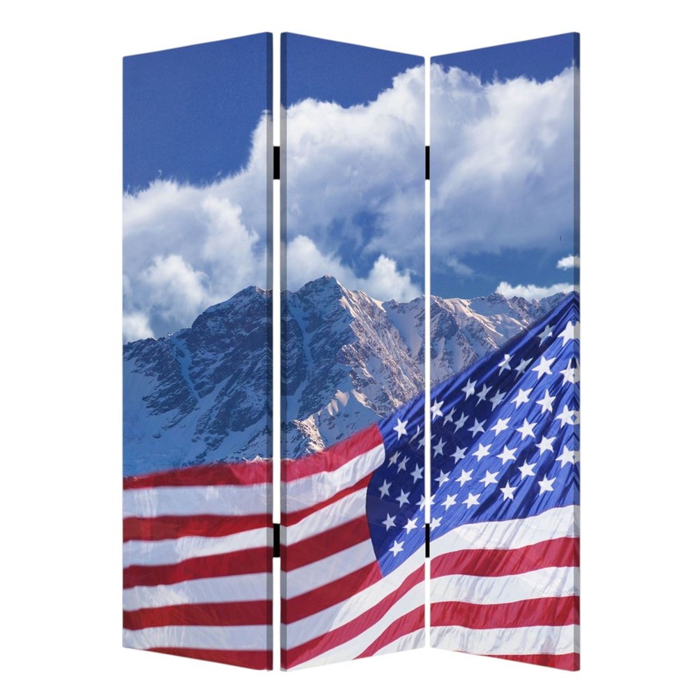 72" Red White And Blue American Flag Reversible Canvas Folding Three Panel Room Divider