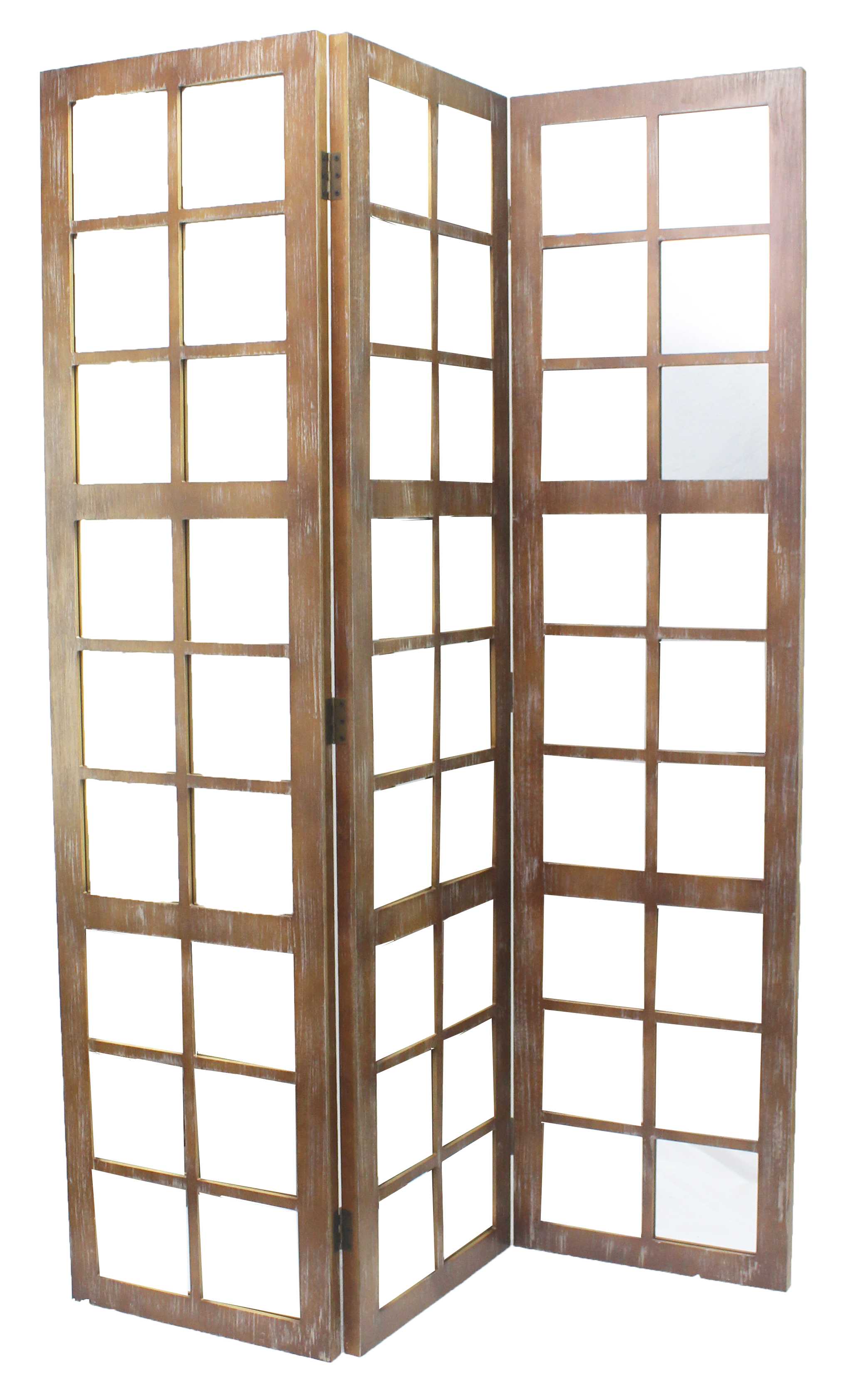 84" Brown Glass Folding Three Panel Screen Room Divider