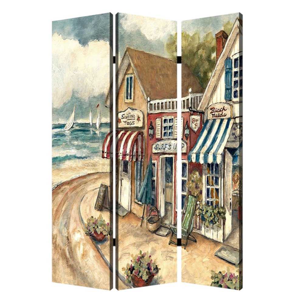 48 X 72 Multi Color Wood Canvas Seaside Town Slate Screen