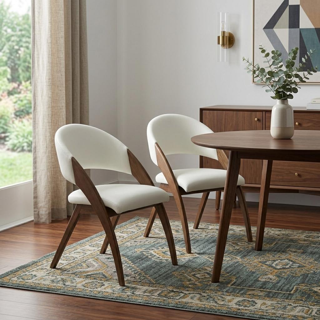 Set of Two Cream and Brown Upholstered Faux Leather Open Back Dining Arm Chairs