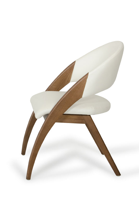 Set of Two Cream and Brown Upholstered Faux Leather Open Back Dining Arm Chairs