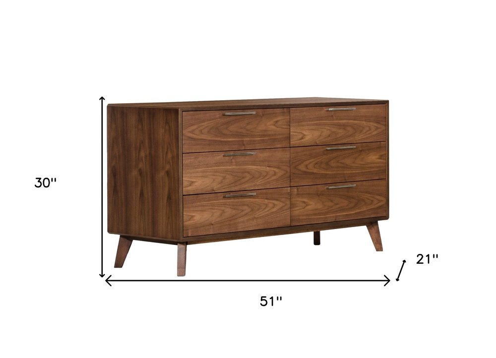 51" Brown Wood Six Drawer Double Dresser
