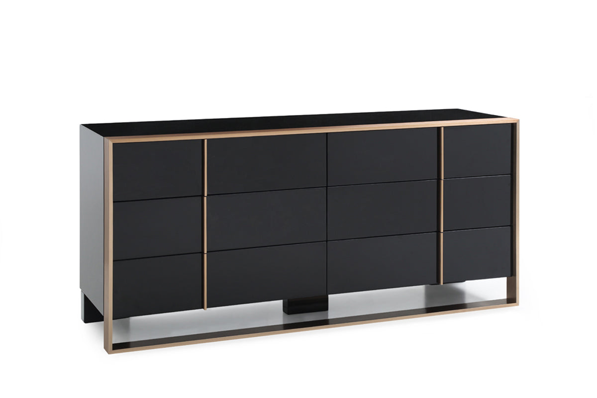 55" Black And Gold Solid Wood Six Drawer Double Dresser