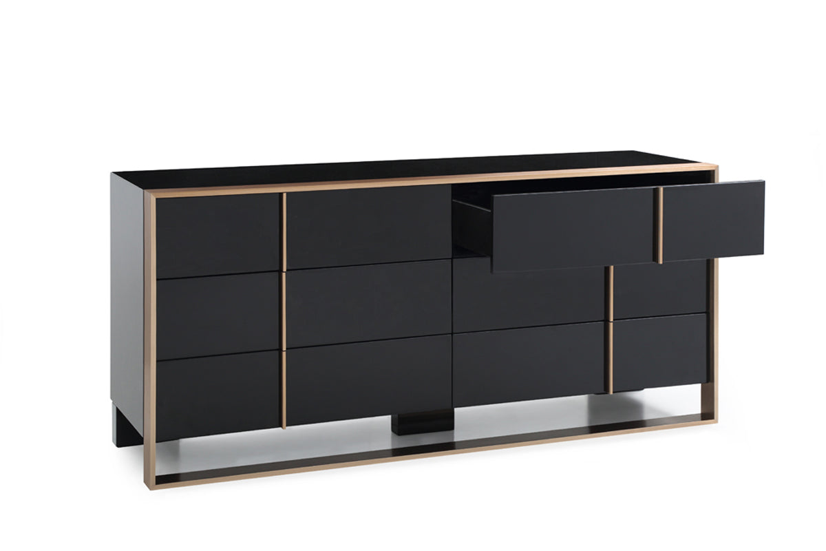 55" Black And Gold Solid Wood Six Drawer Double Dresser