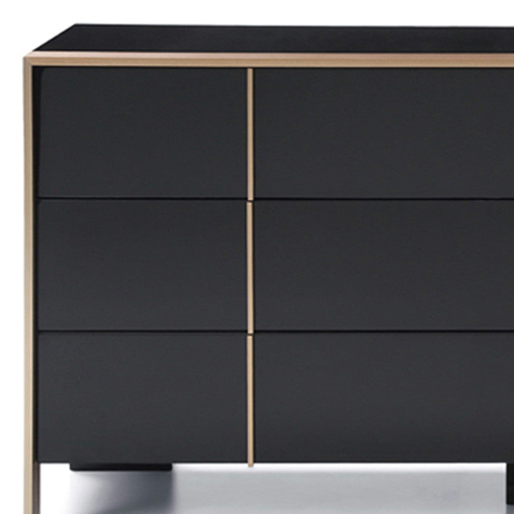 55" Black And Gold Solid Wood Six Drawer Double Dresser
