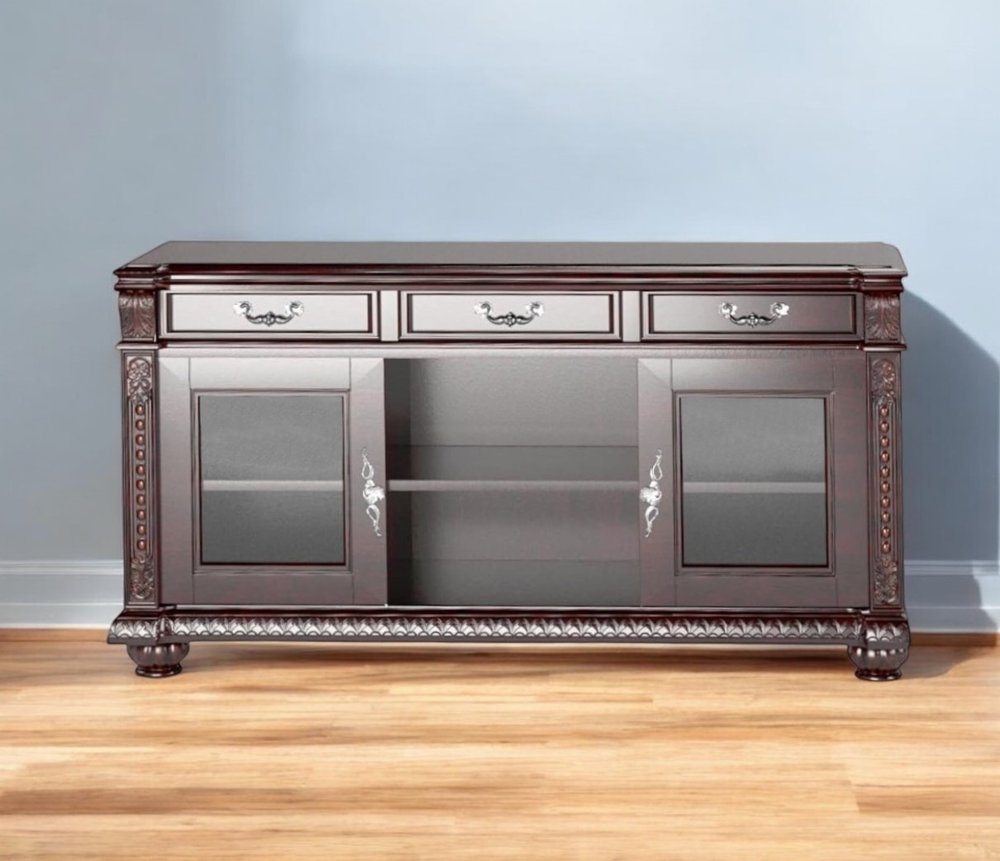 65" Dark Brown Solid Wood Enclosed and Open Storage TV Stand