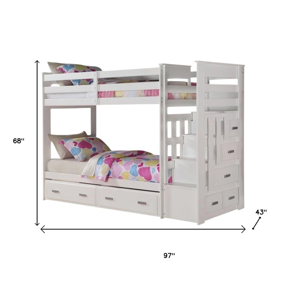 97" X 43" X 68" Twin Over Twin White Storage Ladder And Trundle Bunk Bed