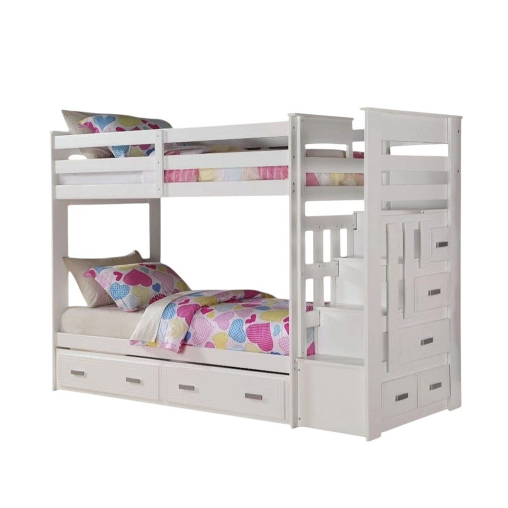 97" X 43" X 68" Twin Over Twin White Storage Ladder And Trundle Bunk Bed