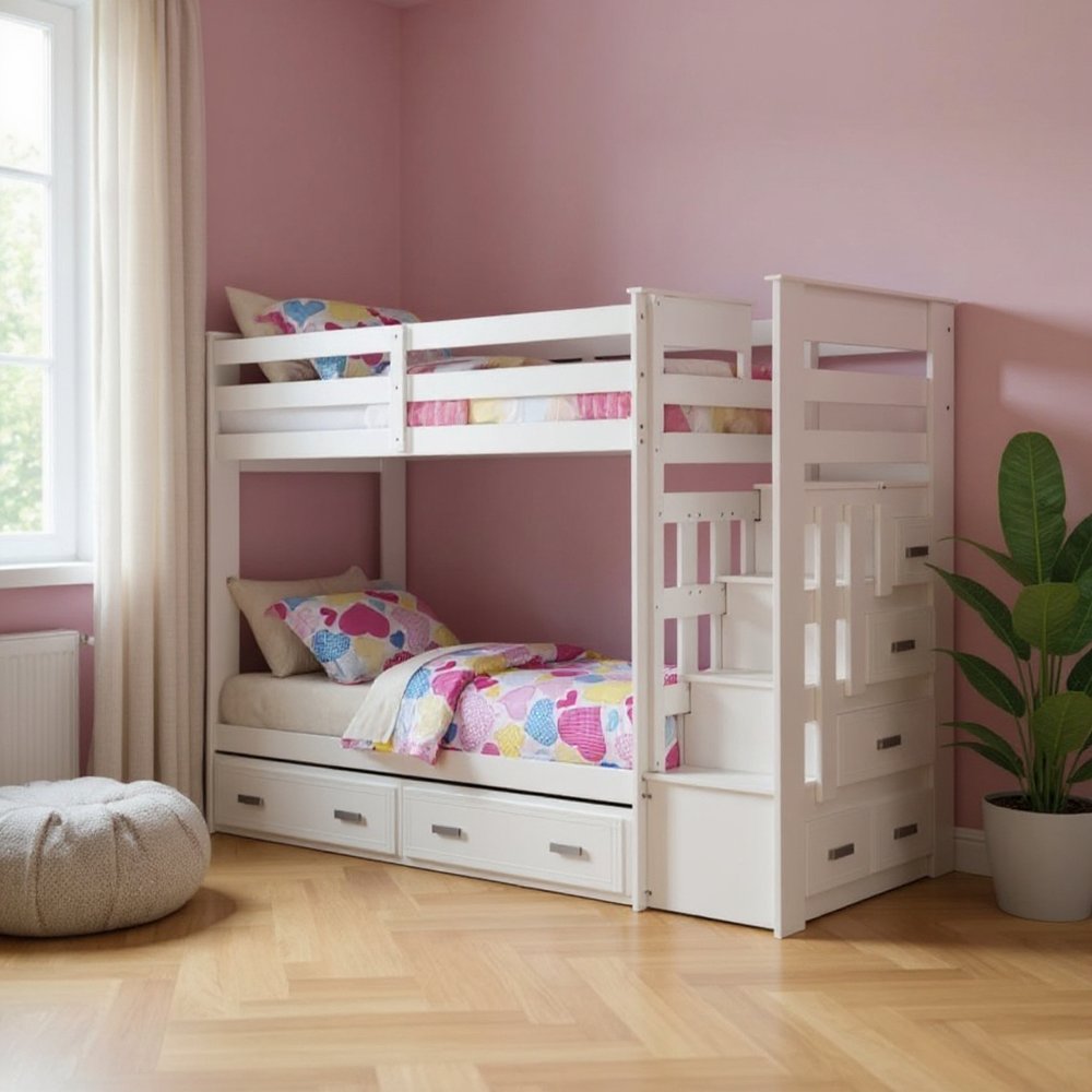 97" X 43" X 68" Twin Over Twin White Storage Ladder And Trundle Bunk Bed