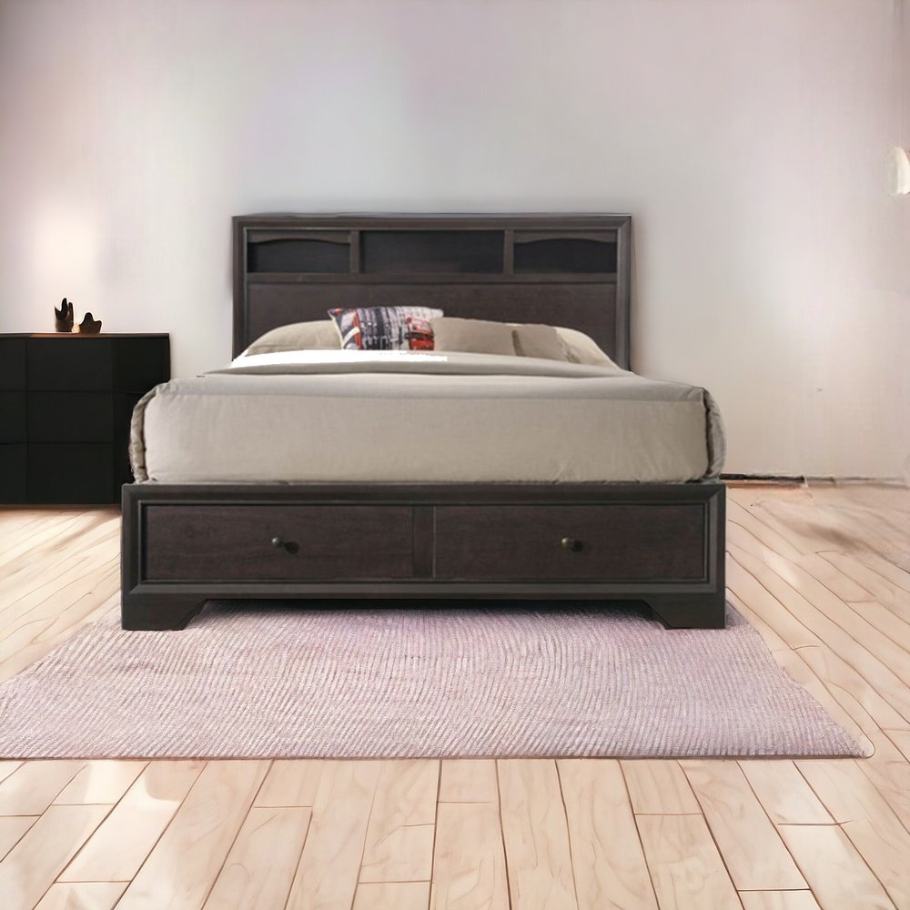 Espresso Solid Wood Queen Bed Frame With Drawers