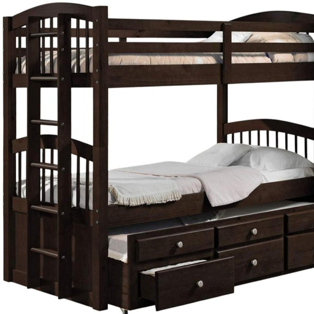 Espresso Twin Over Twin Solid Wood Bunk Bed With Trundle And Storage