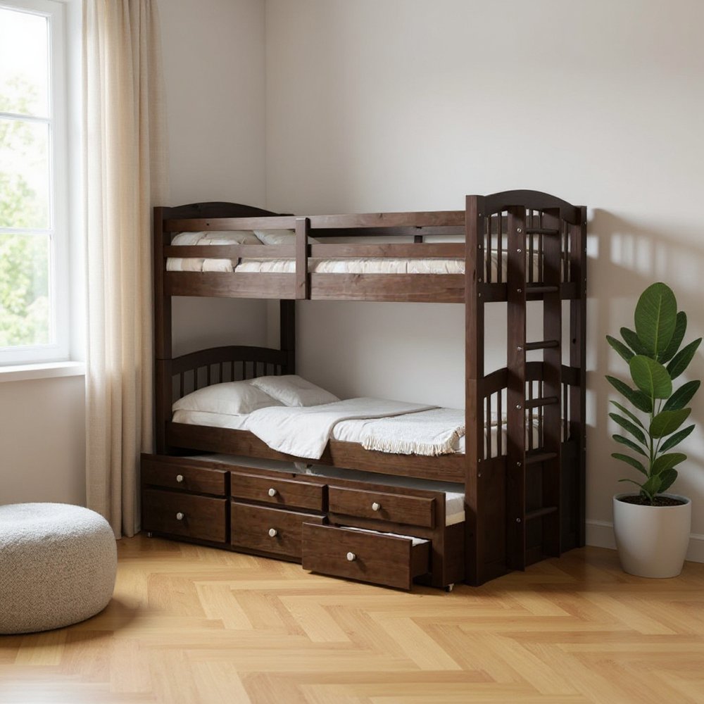 Espresso Twin Over Twin Solid Wood Bunk Bed With Trundle And Storage