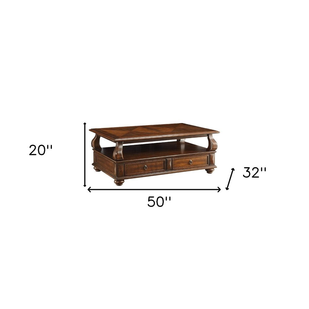 50" Dark Brown Solid Wood Coffee Table With Two Drawers And Shelf