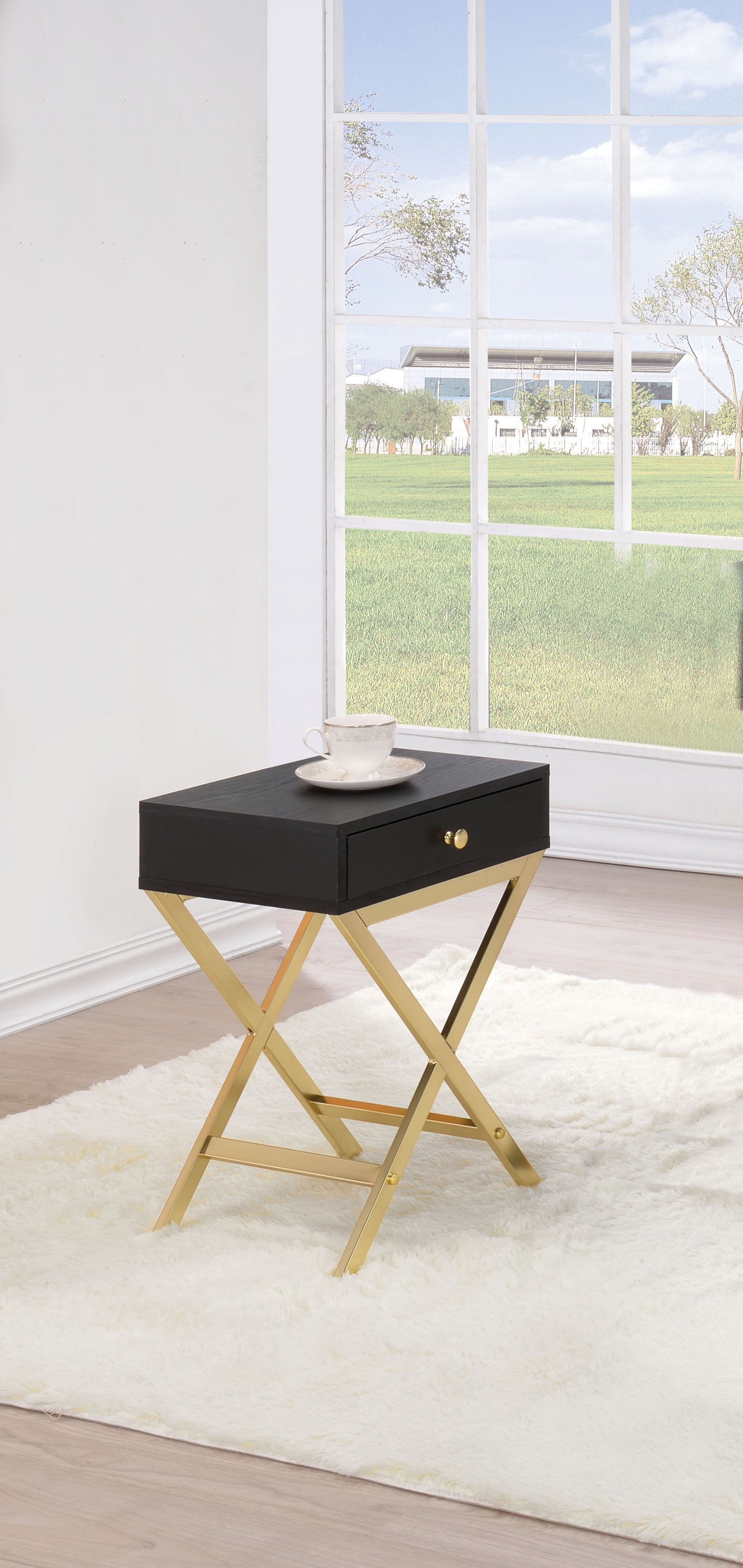 24" Gold And Black Solid Wood End Table With Drawer
