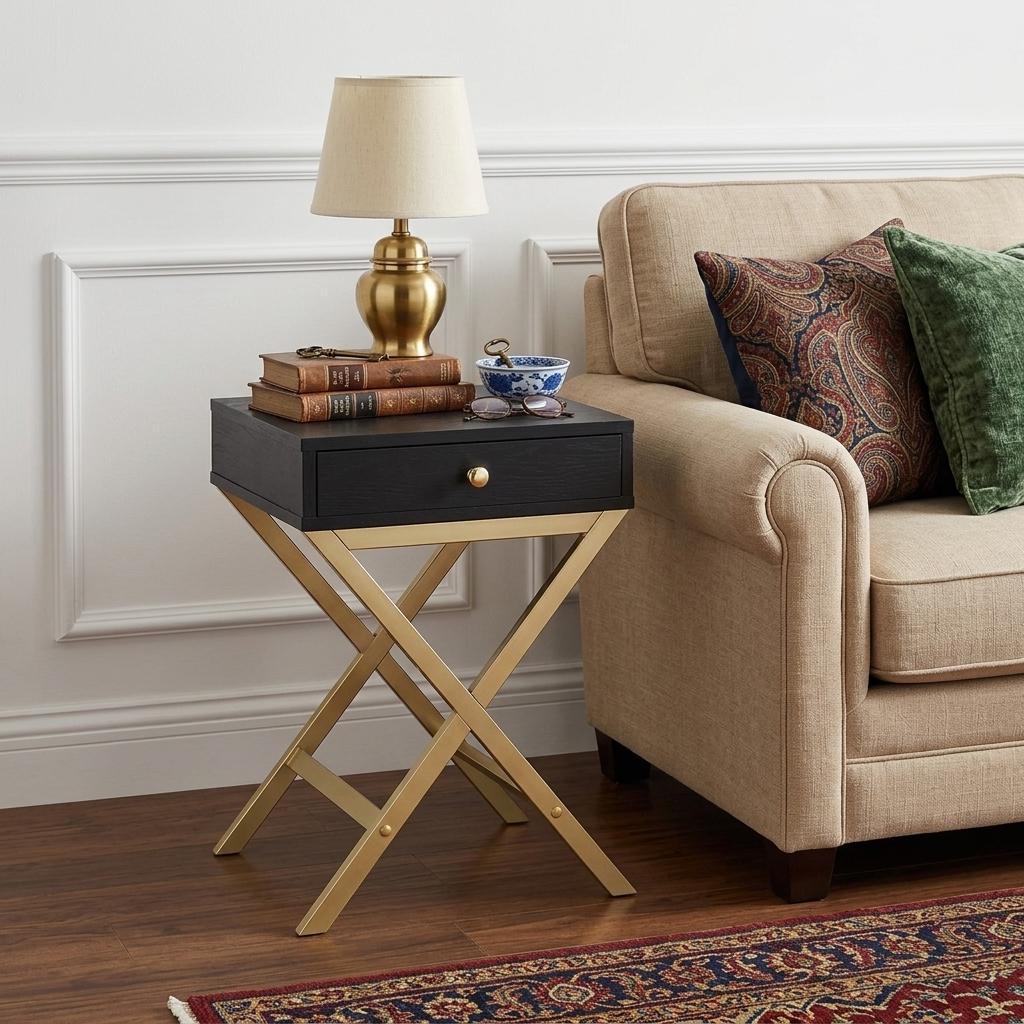 24" Gold And Black Solid Wood End Table With Drawer