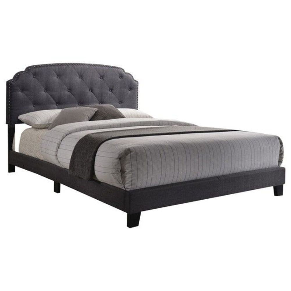 Gray Wood And Tufted Linen Queen Bed Frame with Nailhead Trim