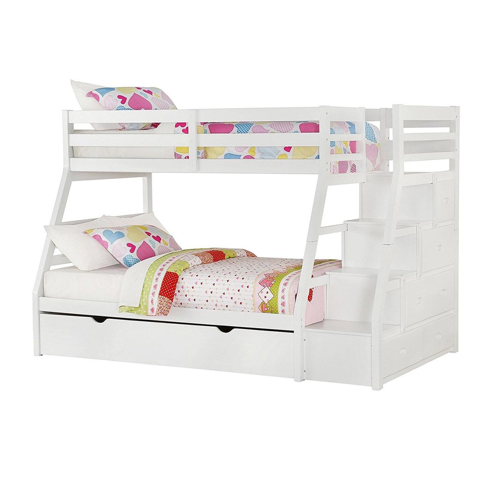 White Twin Over Full Solid Wood Bunk Bed With Stairs And Trundle And Storage