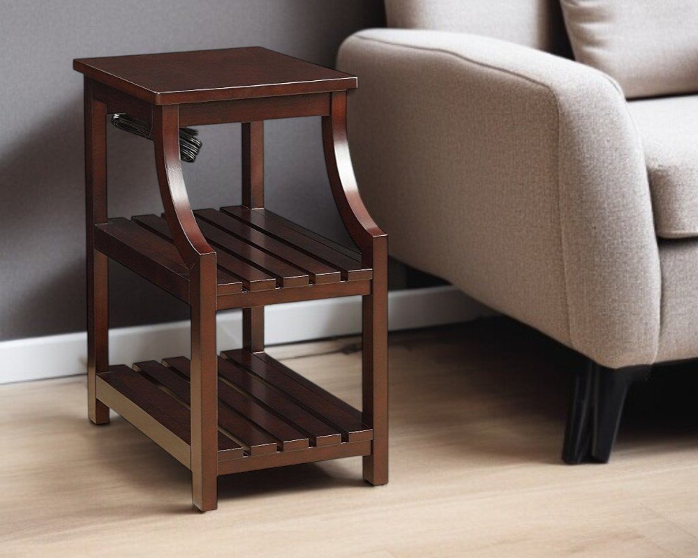 24" Brown Wood End Table With Two Shelves And USB Port