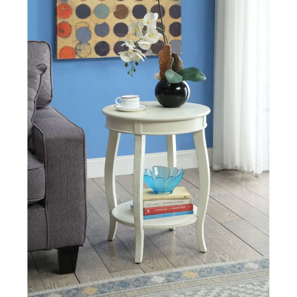 24" Red Wood Round End Table With Shelf