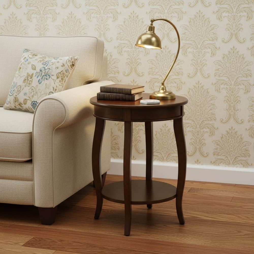 24" Brown Solid Wood Round End Table With Shelf