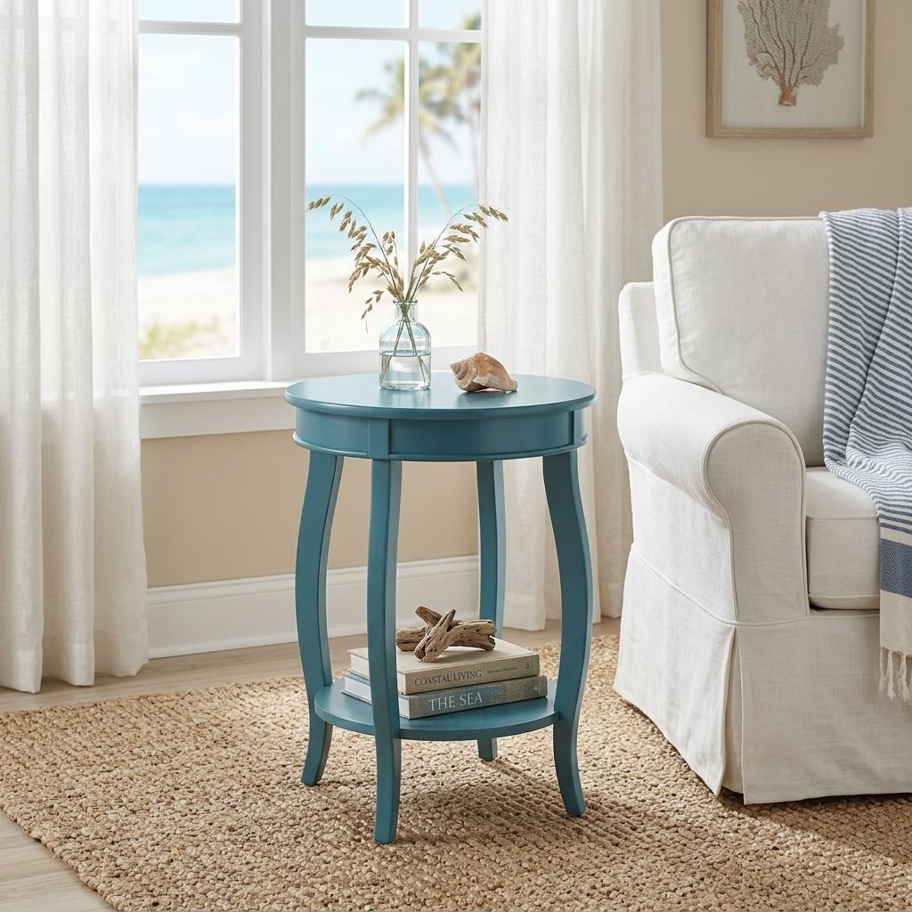 24" Teal Blue Solid Wood Round End Table With Shelf