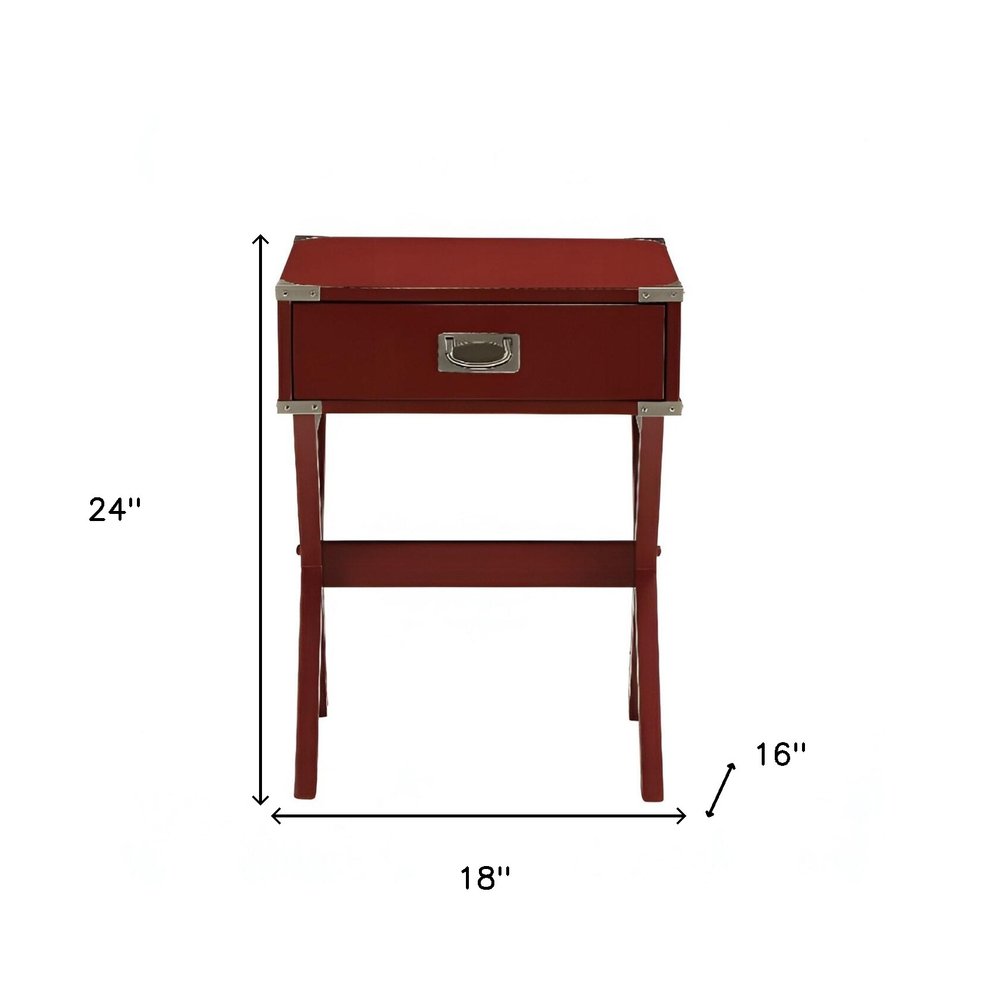 24" Red Wood Cross Legs End Table With Drawer
