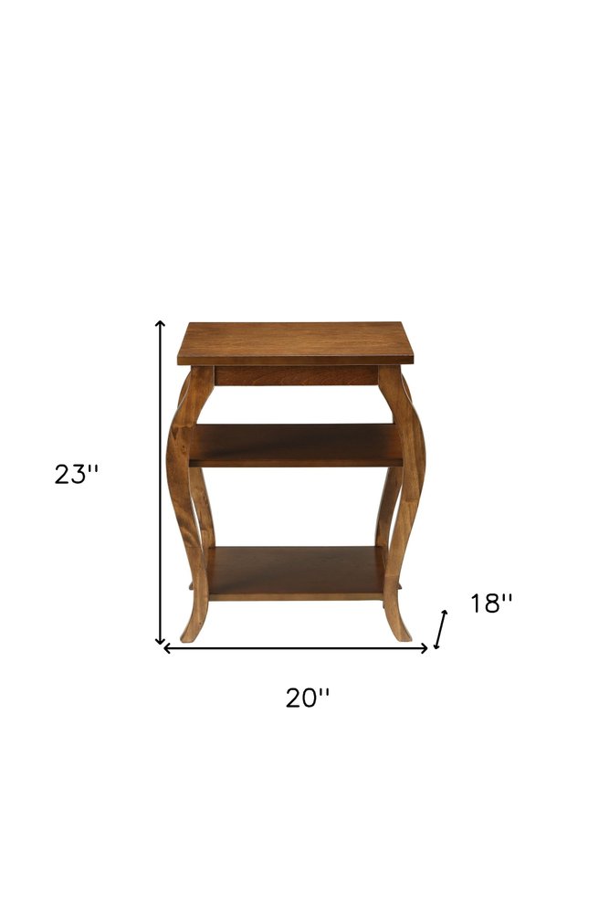 23" Brown Wood Bow Leg End Table With Two Shelves