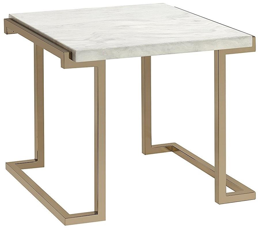 24" Stainless And White Faux Marble End Table