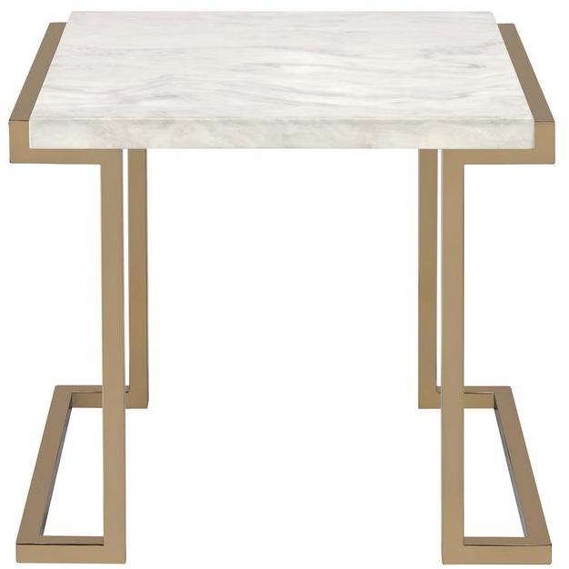24" Stainless And White Faux Marble End Table