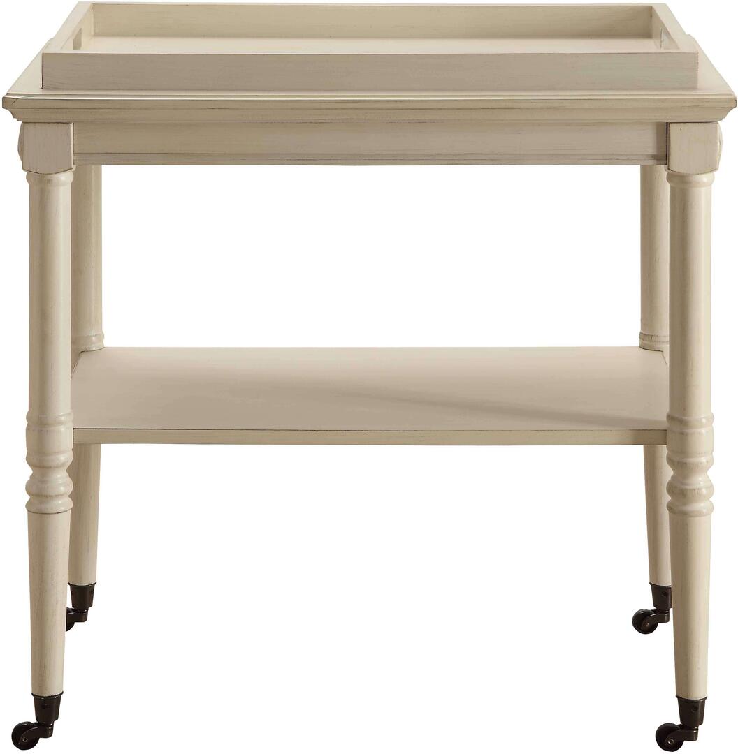 30" Antiqued White Wood Rolling Bar Cart