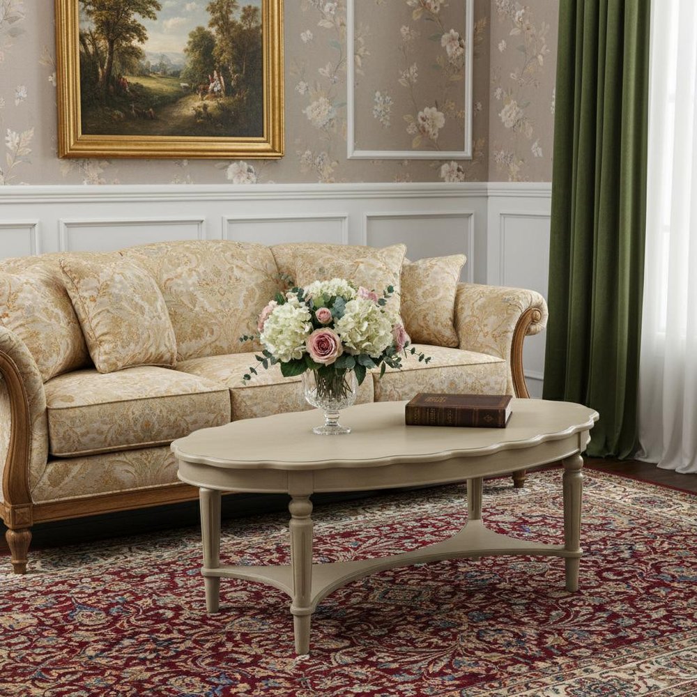 50" Antiqued White Solid Wood Oval Distressed Coffee Table