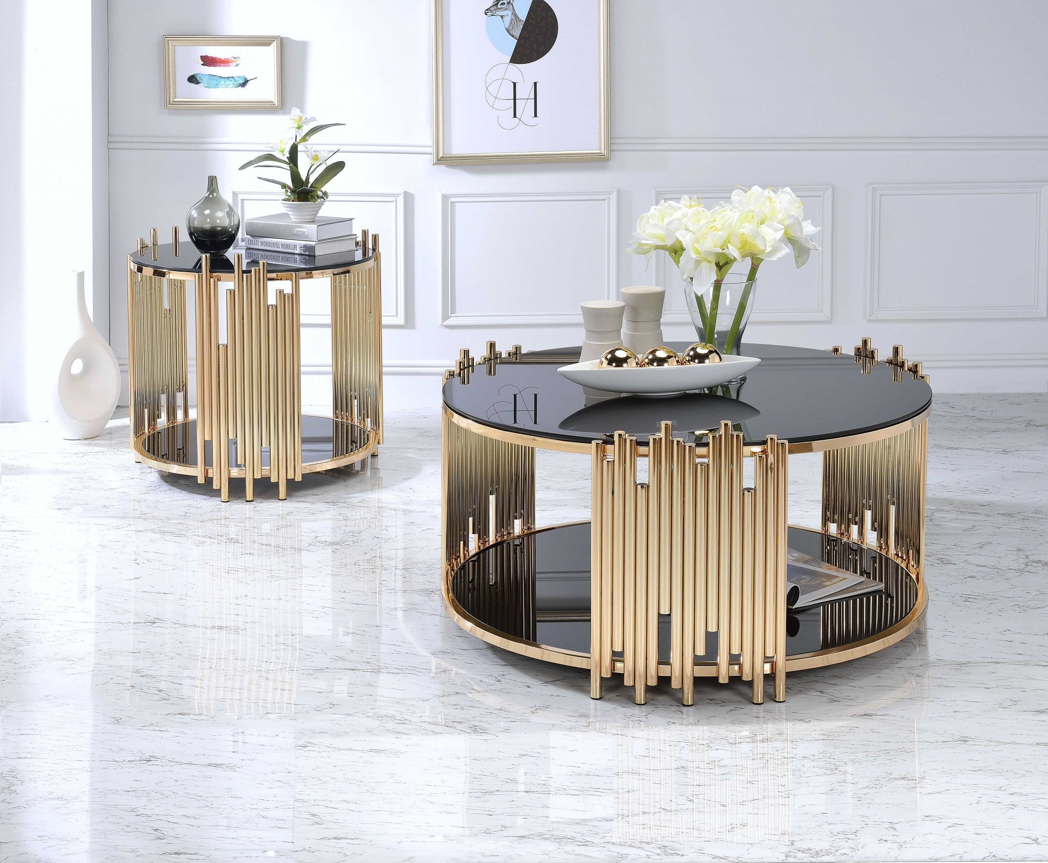 22" Gold And Black Glass Round End Table With Shelf
