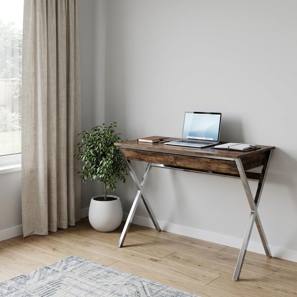 36" Brown and Silver Writing Desk With Two Drawers