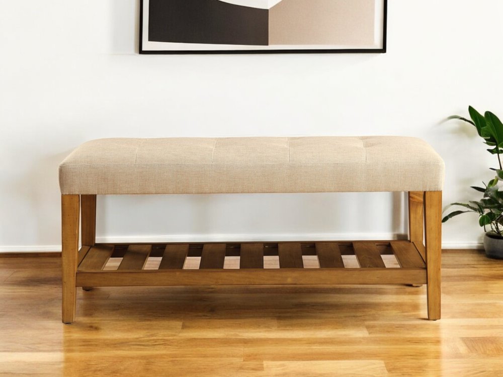 40" Light Gray and Brown Upholstered Polyester Bench with Shelves