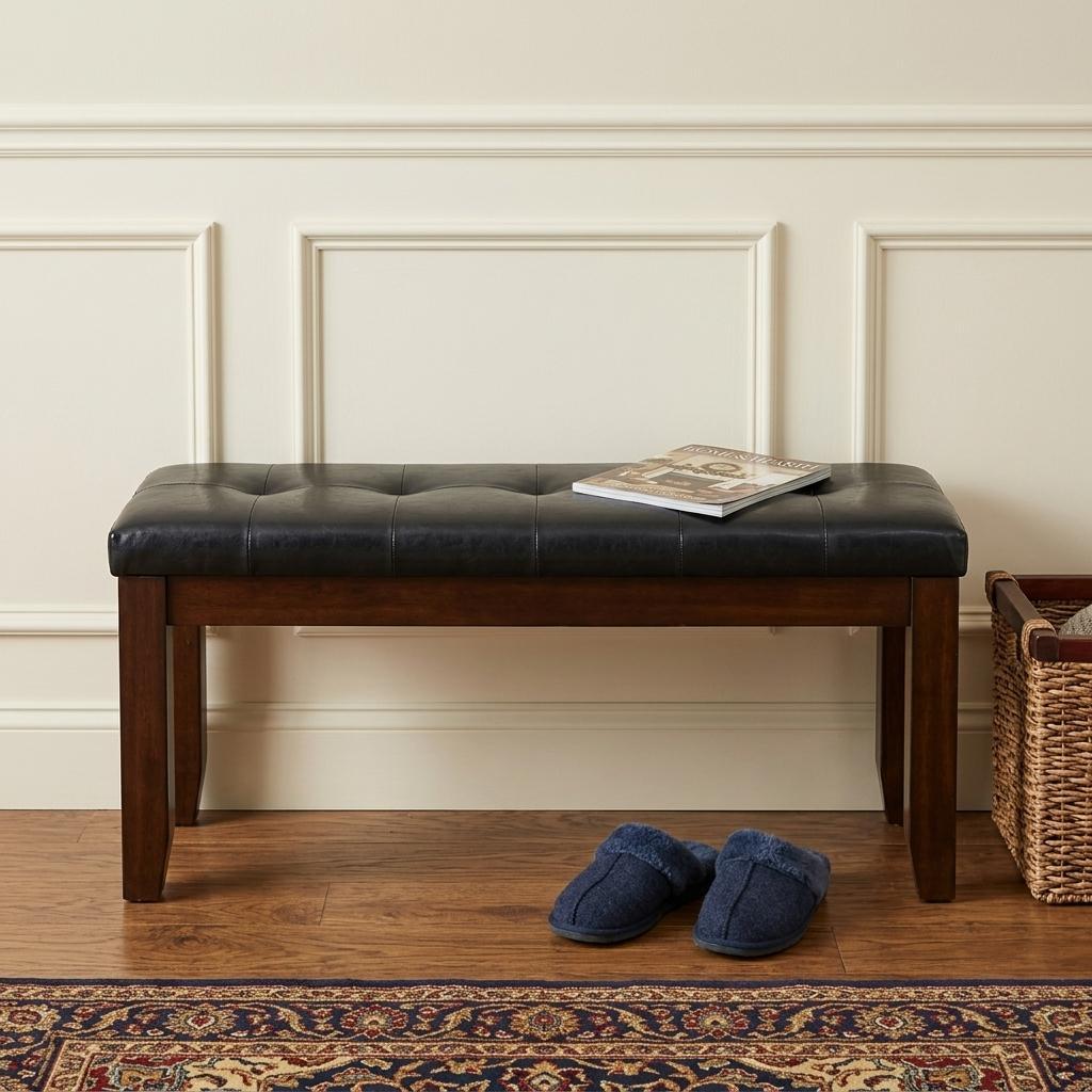 48" Black and Espresso Faux Leather and Wood Upholstered Bench