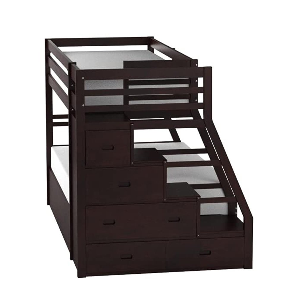 Espresso Twin Over Full Solid Wood Bunk Bed With Trundle And Storage