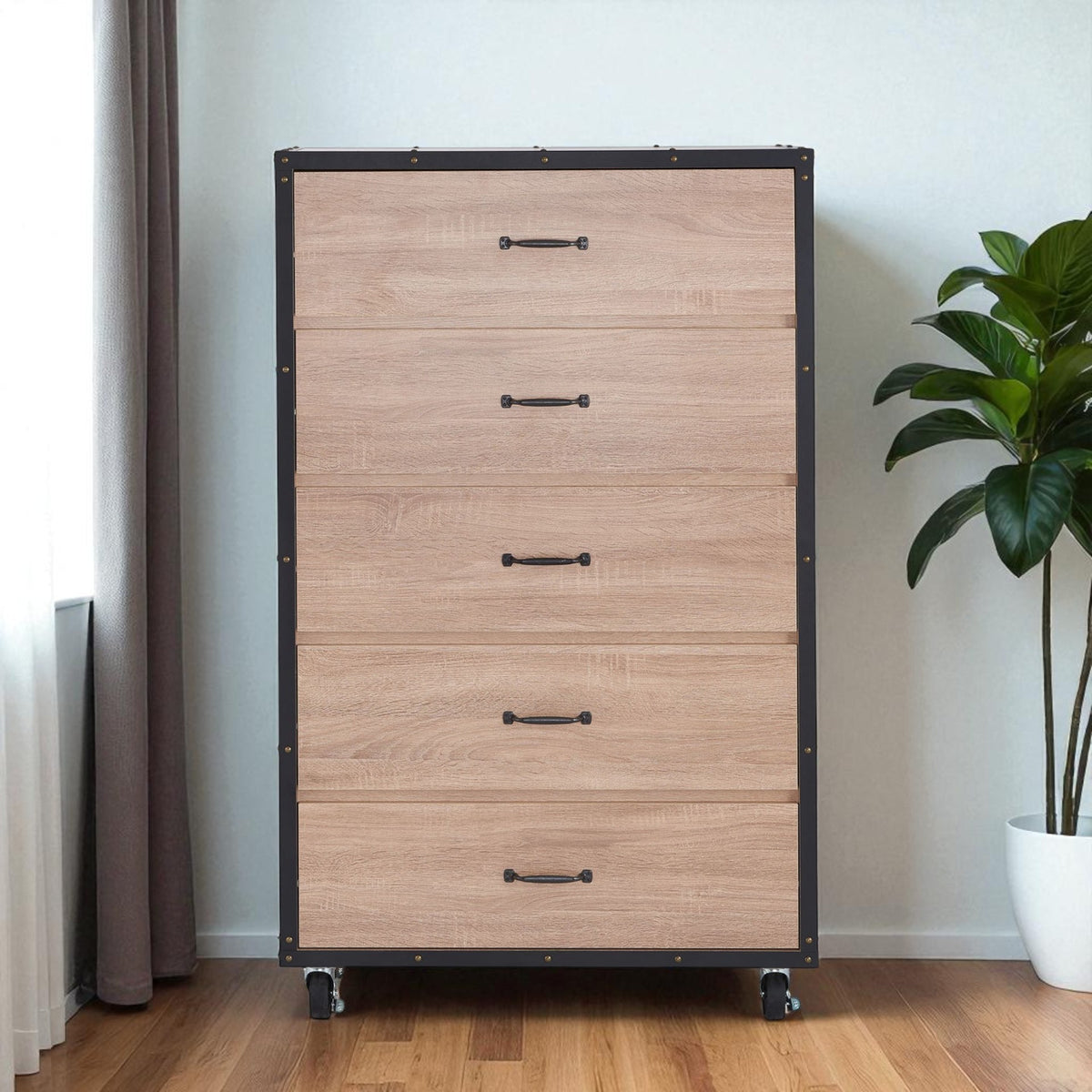 31" Oak Wood Five Drawer Dresser