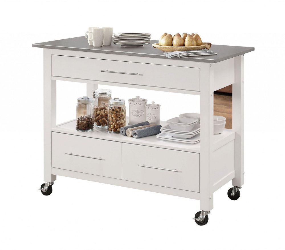 White and Silver 43" Rolling Kitchen Island With Storage