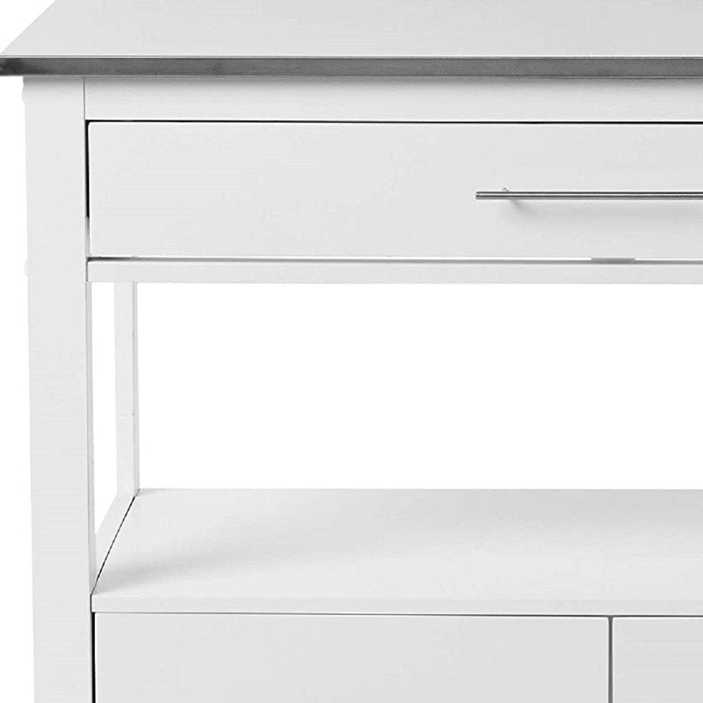 White and Silver 43" Rolling Kitchen Island With Storage