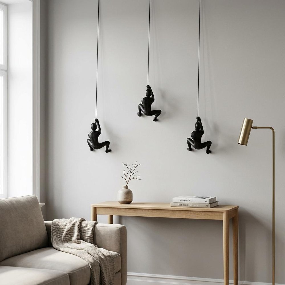 Set of Three Black Resin Climbing Man Hanging Dimensional Sculpture