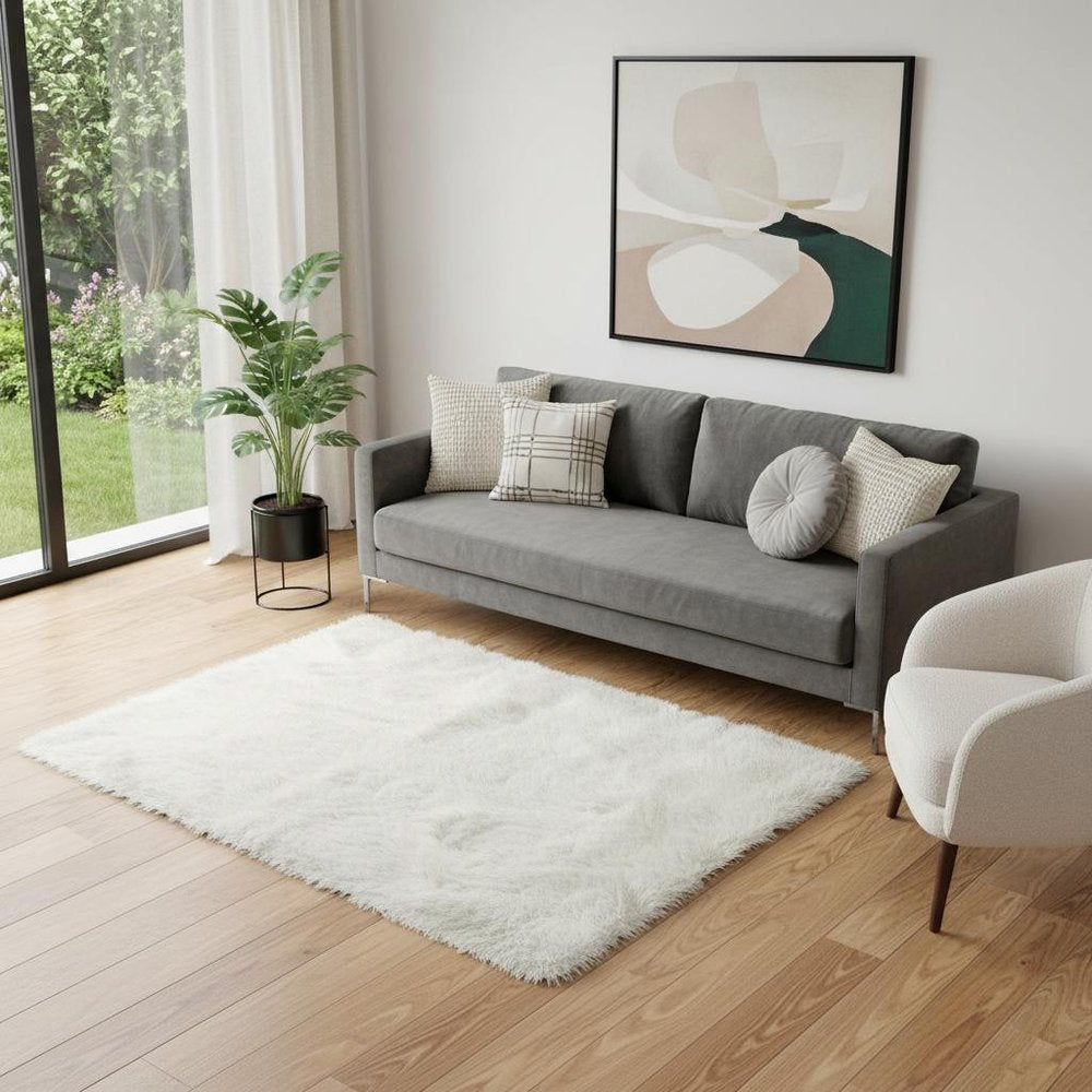 5' X 8' Off White Faux Fur Area Rug